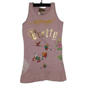 Ed Hardy Girls Tank Top Size 4 Pink Butterflies Roses NEW with TAGS